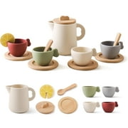 NOGIS Wooden Tea Set for Little Girls, 13 Pcs Enchanting Tea Party Set Silicone Tea Set Teapot Cups Carrying Scoop Kids Kitchen Accessories Toys Toddler Tea Set Girls Gift
